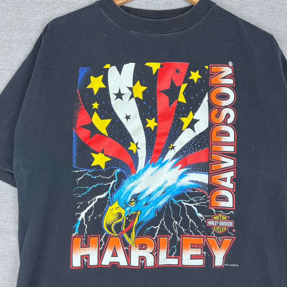 Vintage Harley Davidson Eagle Lightning Stars T-Shirt Black Large USA Made 90s